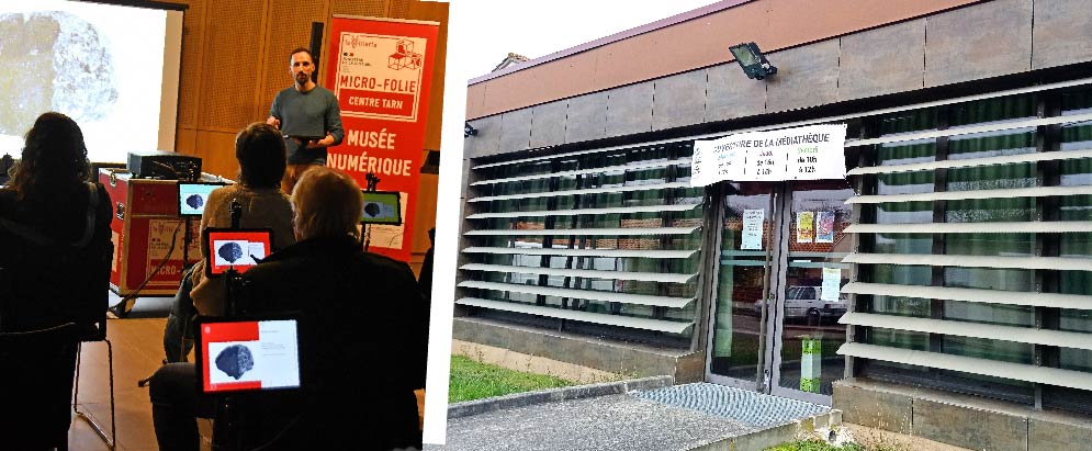 Collage de deux photos : l'entrée de la médiathèque de Lombers et animation Micro-Folie