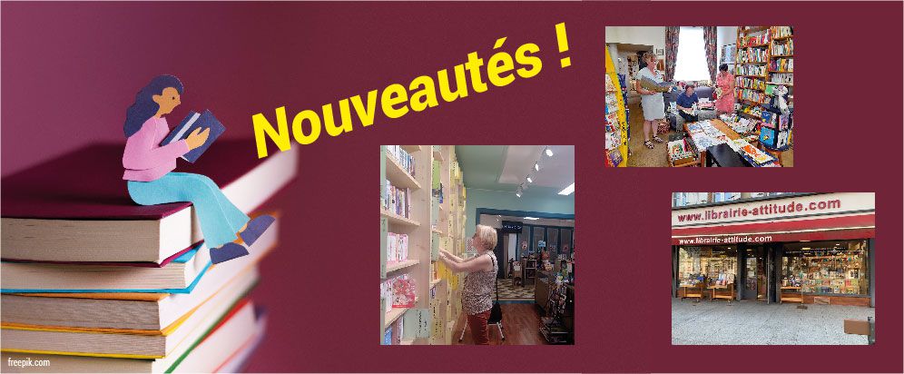 Petit personnage assis sur une pile des livres, l'inscription "nouveautés !"