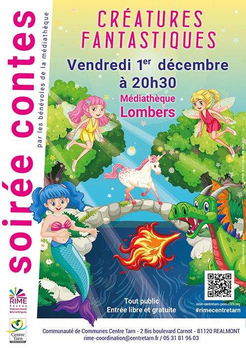Dessin : elfes, arbres, licorne, dragon et l'inscription : Créatures Fantastiques, vendredi 1er décembre à 20h30, Médiathèque - Lombers