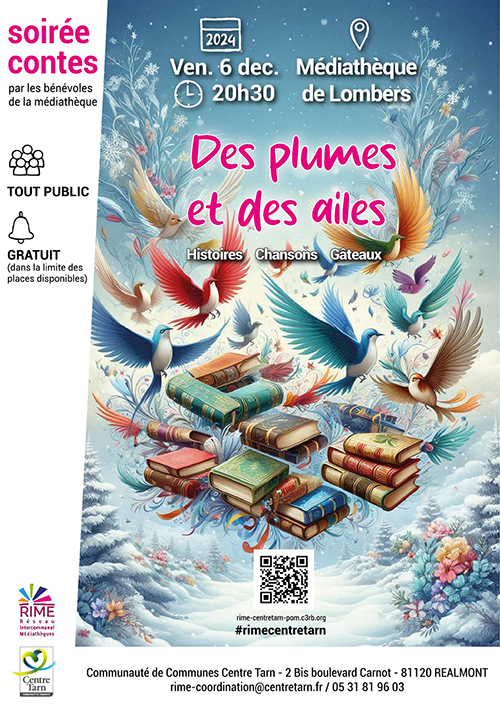 Affiche : image des oiseaux et des livres dans le paysage hivernal + titre, heure, date, lieu, tout public