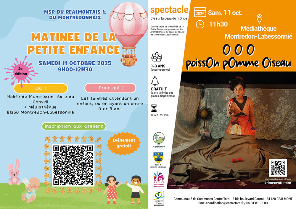 Deux affiche : Matinée de la Petite Enfance et Spectacle OOO poisson pomme oiseau