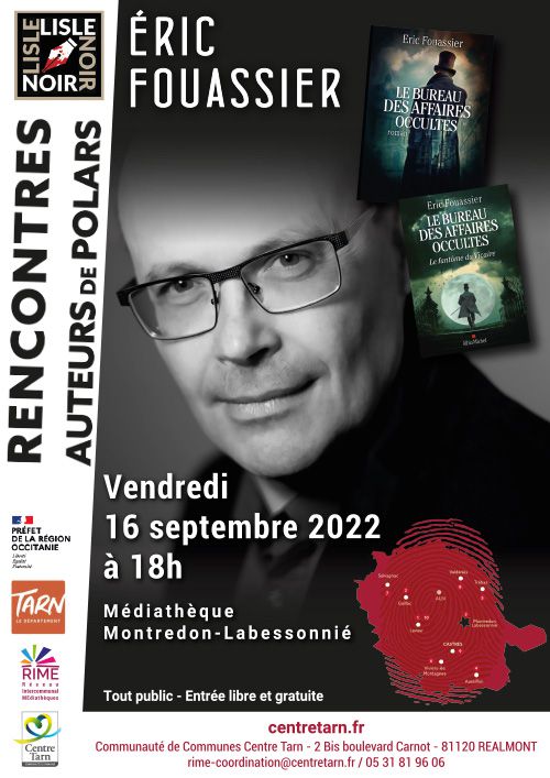 Affiche "Rencontres Auteurs de polars" avec le portrait d'Eric Fouassier