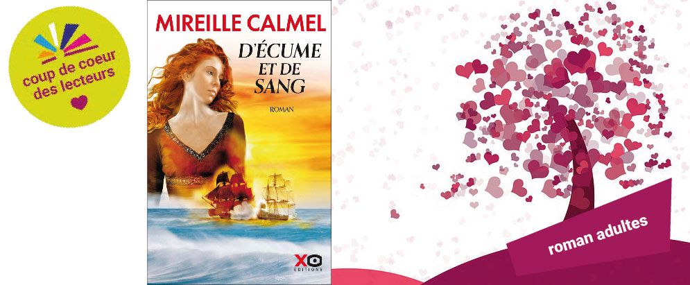 Couverture du livre "D'écume et de sang" et le macaron "Coup de coeur"